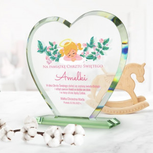 Statuetka szklane serce na chrzest - Anioł Stróż