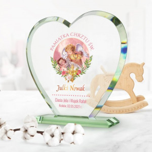 Statuetka szklane serce na chrzest - Aniołek