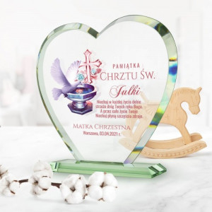 Statuetka szklana serce na chrzest - Biały Gołąbek