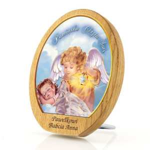 Obrazek drewniany na chrzest - Anielska opieka