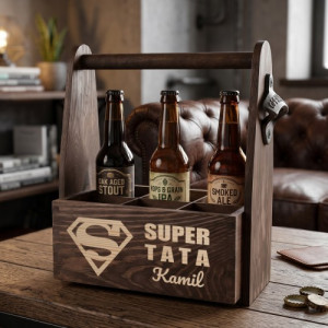 Drewniana skrzynka na piwo z otwieraczem - Super Tata