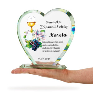 Szklane serce z dedykacją na Komunię Św. - Z kielichem i księgą