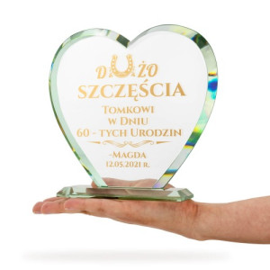 Kryształowe serce na 60 urodziny z grawerem - Podkowa szczęścia