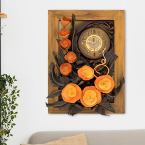 Zegar ze skóry na 60 urodziny z grawerem - Pomarańczowe róże