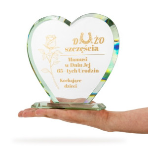 Szklane serce z grawerem na 65 urodziny - Dużo szczęścia