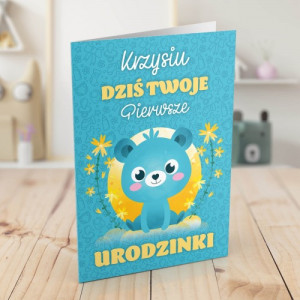 Kartka na roczek dla chłopca - Misiu