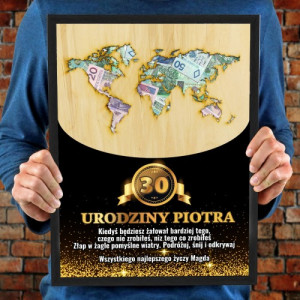 Ramka (30x40 cm) na pieniądze dla niego na 30 urodziny - Mapa świata