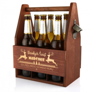 Drewniana skrzynka na piwo z otwieraczem na święta dla niego - Choinki
