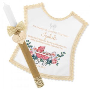 Szatka i świeca do chrztu z nadrukiem dla dziewczynki - Różowy wózek