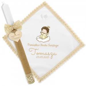 Komplet do chrztu: świeca i szatka z nadrukiem - Anioł na obłoku