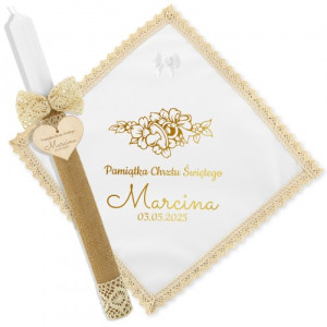 Komplet do chrztu: świeca i szatka z nadrukiem - Rustykalne koronki