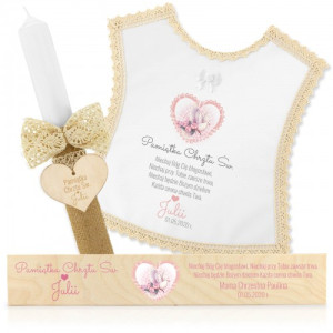 Szatka i świeca do chrztu w szkatułce z nadrukiem - Gołębie serce