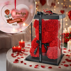 Miś z róż 40cm i zawieszka z nadrukiem na Walentynki - Flirt