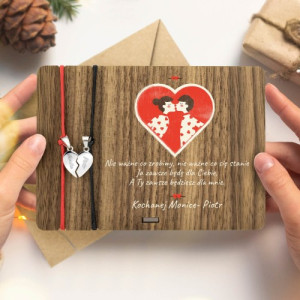 Srebrne bransoletki na sznurku dla pary i kartka walentynkowa - Dwie połowy