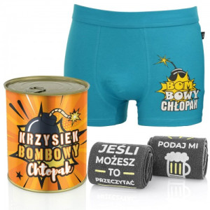 Bokserki rozmiar L i śmieszne skarpetki w puszce - Bombowy chłopak