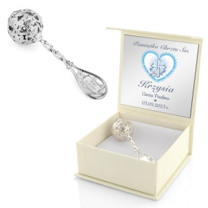 Srebrna grzechotka z grawerem na chrzest dla chłopca - Błękitne serce