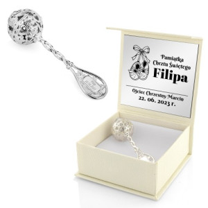 Srebrna grzechotka z grawerem na chrzest dla dziewczynki - Buciki