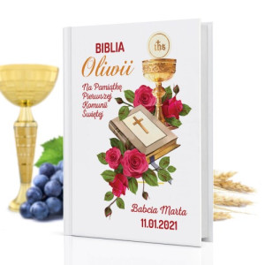 Biblia dla dzieci z nadrukiem na komunię dla dziewczynki - Czerwone róże