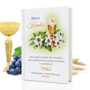 Biblia dla dzieci z nadrukiem na komunię dla chłopca - Lilie