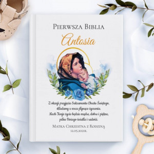 Biblia dla dzieci z nadrukiem na chrzest dla chłopca - Panna z dzieciątkiem
