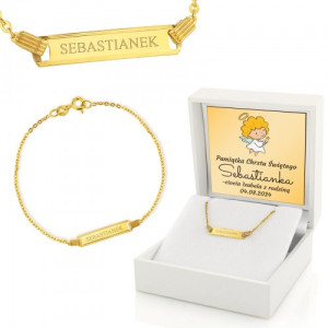 Złota bransoletka pr. 585 z grawerem na chrzest dla chłopca - Dobry duszek