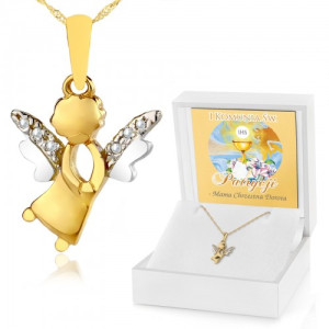 Złoty Aniołek (pr. 585) w etui z nadrukiem na komunię - Białe lilie