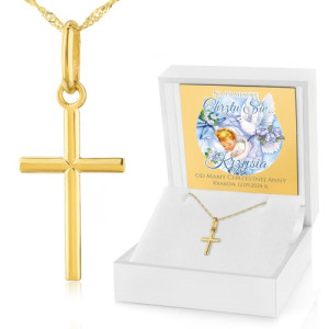 Złoty krzyżyk na łańcuszku pr. 585 na chrzest dla chłopca - Błękit