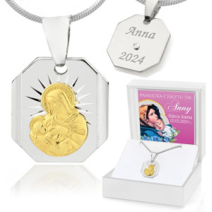 Srebrny medalik pr. 925 z grawerem na chrzest - Madonna karmiąca