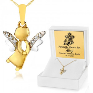 Złoty Aniołek (pr. 585) z łańcuszkiem i grawerem na chrzest - Krzyż
