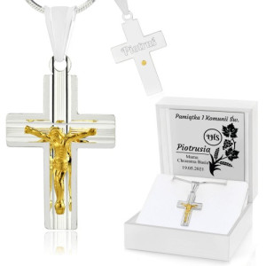 Srebrny krzyżyk na łańcuszku (pr. 925) z grawerem na komunię - Winorośl