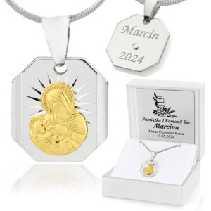 Srebrny medalik z łańcuszkiem pr. 925 z grawerem na komunię - Dzieciątko