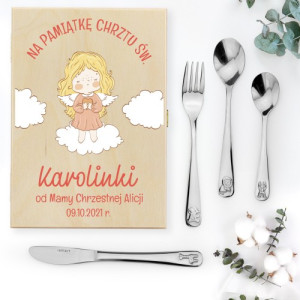 Sztućce dla dzieci z grawerem w drewnianym pudełku na chrzest - Chmurka