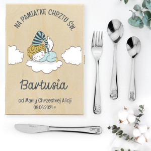 Sztućce dla dzieci z grawerem w drewnianym pudełku na chrzest - Zwierzątka