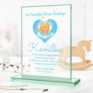 Szklana statuetka z nadrukiem na chrzest dla chłopca - Anieli w niebie