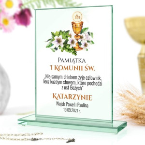 Szklana statuetka z nadrukiem na komunię dla dziewczynki - Hostia