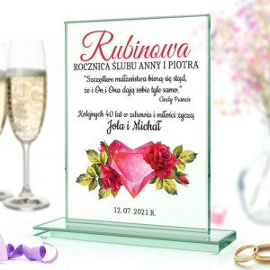 Szklana statuetka z nadrukiem na 40 rocznicę ślubu - Rubinowe serce