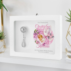 Srebrna grzechotka w ramce z nadrukiem na chrzest - Różowa kołderka