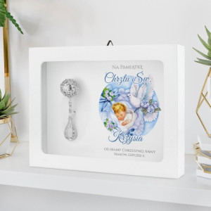 Srebrna grzechotka w ramce z nadrukiem na chrzest - Błękitne kwiaty