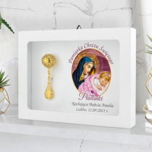 Pozłacana grzechotka w ramce z nadrukiem na chrzest - Matka Boska