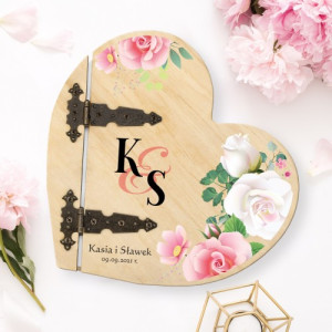 Drewniany album serce z nadrukiem na ślub - Różowe kwiaty