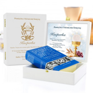 Pismo Święte w drewnianej szkatułce z grawerem na komunię - Dobroć