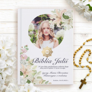 Biblia dla dzieci ze zdjęciem na komunię dla dziewczynki - Białe lilie