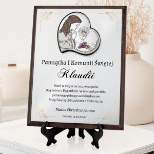 Srebrny obrazek na komunię z nadrukiem dla dziewczynki - Bóg miłości