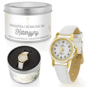 Zegarek Perfect LP284 na komunię w pudełku z nadrukiem - Biel i złoto