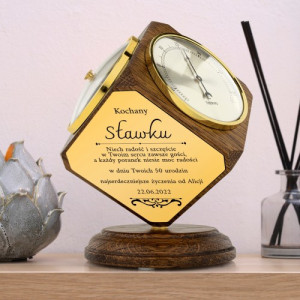 Stacja pogodowa dębowa: termometr, barometr i higrometr z grawerem - 50 urodziny