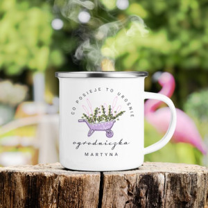Kubek emaliowany z nadrukiem dla ogrodniczki - Co posieje to urośnie