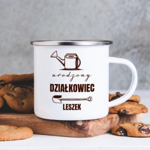 Kubek emaliowany z nadrukiem dla ogrodnika - Działkowiec od urodzenia