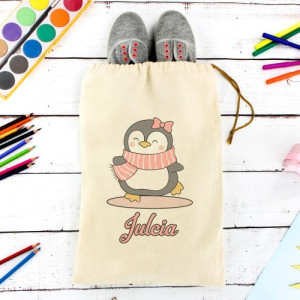 Worek na buty dla dziewczynki z nadrukiem - Pingwinek