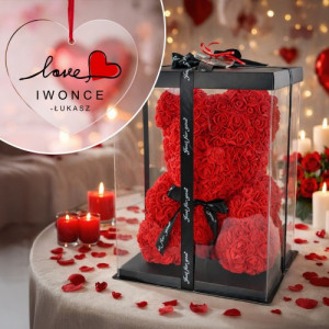 Miś z róż 40cm i zawieszka do samochodu z nadrukiem dla ukochanej - Love