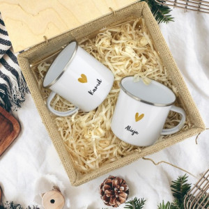 Zestaw kubków emaliowanych w koszyku dla pary - Miłość do kawy